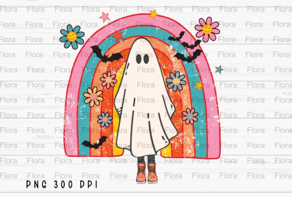 Retro Ghost Rainbow Floral Halloween PNG